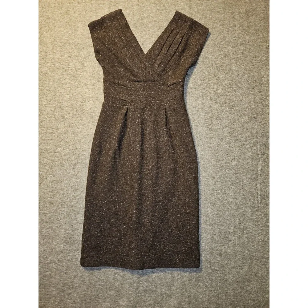 Banana Republic Wool Silk Blend Dress 0 Brown Tweed V-Neck Knee Length Lined - Picture 1 of 8